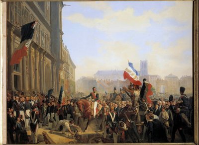 Heinäkuun 1830 vallankumous: Louis Philippe, Orléansin herttua (josta tuli Ranskan kuningas Louis Philippe 1er) (1773-1850), kuningaskunnan kenraaliluutnantti saapui Pariisin kaupungintaloon 31. heinäkuuta tekijältä Eloi Firmin Feron