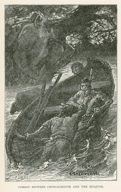 Chingachgookin ja irokeesien välinen taistelu (kaiverrus). tekijältä Elviro Michael Andriolli