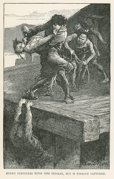 Hurry kamppailee intiaanien kanssa, mutta jää lopulta vangiksi (kaiverrus). tekijältä Elviro Michael Andriolli