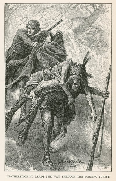 Nahkasukka johtaa tietä läpi palavan metsän (kaiverrus) tekijältä Elviro Michael Andriolli