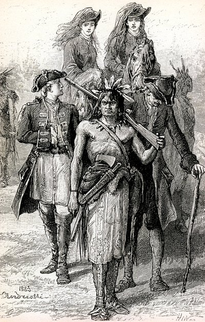 Magua johtaa eversti Munron tyttäriä, mukana majuri Duncan Heyward ja David La Gamme... tekijältä Elviro Michael Andriolli