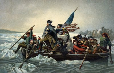 George Washington ylittämässä Delawaren Amerikan vapaussodan aikana, 25. joulukuuta 1776 (chromolitho) tekijältä Emanuel Gottlieb (after) Leutze