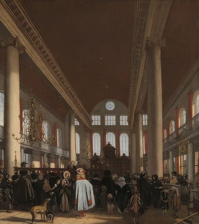 Amsterdamin portugalilaisen synagogan sisätilat. 1680 tekijältä Emanuel de Witte