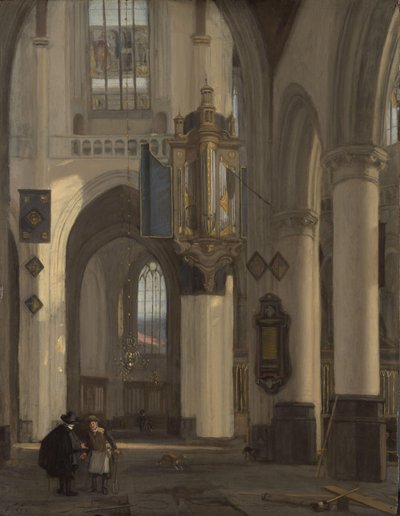 Protestanttisen goottilaisen kirkon sisustus Oude- ja Nieuwe Kerk -aiheilla Amsterdamissa tekijältä Emanuel de Witte