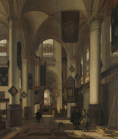 Protestanttisen goottilaisen kirkon sisustus Oude- ja Nieuwe Kerk -aiheilla Amsterdamissa tekijältä Emanuel de Witte