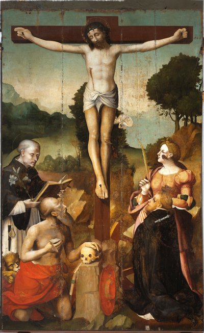 Kristuksen ristiinnaulitseminen pyhien Dominikaanin, Hieronymuksen, Aleksandrian pyhän Katariinan ja marttyyri Pietarin kanssa. tekijältä Emanuele & Pancalino Cristoforo (Raffaello de Rossi) (fl.1525 1578) Macario