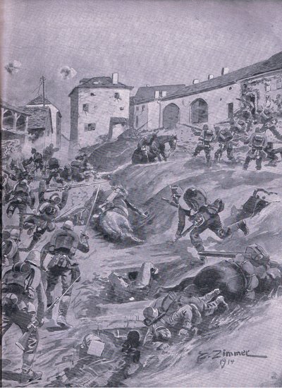Aschaffenbergin 2. Baijerin metsästäjäpataljoona Lagardessa elokuussa 1914, The Illustrated History of the World War 1914-1915 -pubista. kirjoittanut Union Berlagsefellfchaft tekijältä Emil (after) Limmer