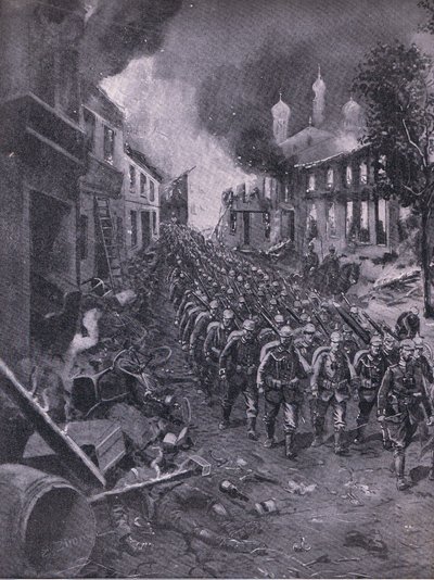 Saksalaisten joukkojen hyökkäys Brest-Litowskiin, The Illustrated History of the World War 1914-1915 -pubista. kirjoittanut Union Berlagsefellfchaft tekijältä Emil (after) Limmer
