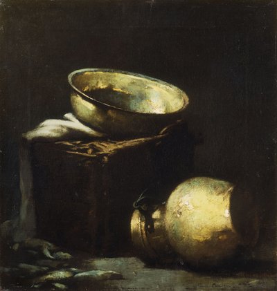 Asetelma kuparisten ruukkujen ja mustan kalan kanssa tekijältä Emil Carlsen
