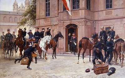 Hessen-Darmstadtin kruununprinssi Ludwig IV jättää hyvästit Cornelius Heylille ennen Schlosschenia Wormsiin, kun hän lähtee Sedanin taisteluun vuonna 1870 (öljy kankaalle) tekijältä Emil Huenten