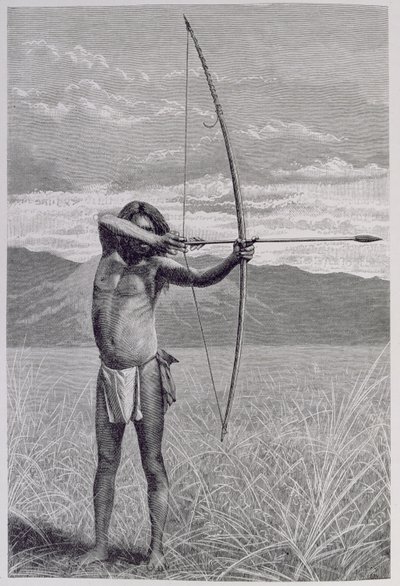 Ceylonin Veddah ampumassa jousella, teoksesta "Ihmiskunnan historia", osa III, professori Friedrich Ratzel, 1898. tekijältä Emil Schmidt