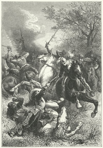 Cromwellin Ironsides taistelee Royalistisen ratsuväen kanssa Englannin sisällissodassa (kaiverrus) tekijältä Emile Antoine (after) Bayard