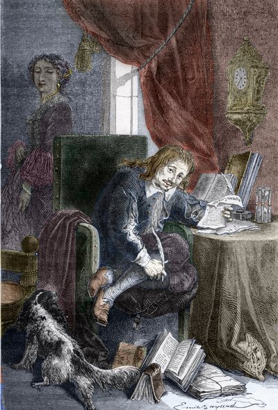 Ranskalaisen kirjailijan Paul Scarronin (1610-1660) muotokuva burleskikomedioiden kirjoittajasta, hän on edustettuna vammaisella tuolilla, hänen vaimonsa Francoise d