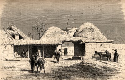 Caravanserai Tashkentissa, Uzbekistanissa, kuvitus teoksesta "Maailma käsissä", kaiverrettu Charles Laplante (k.1903), julkaistu 1878 (kaiverrus) tekijältä Emile Antoine Bayard