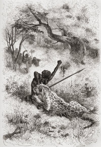 Leopardi hyökkäämässä afrikkalaista vastaan, piirros kirjasta "Maailma käsissä", kaiverrettu Henri Theophile Hildibrand (1824-97), julkaistu 1878 tekijältä Emile Antoine Bayard