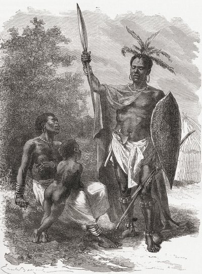 Keski-Afrikan Ougogosta kotoisin oleva sotapuku, kuvitus teoksesta "The World in the Hands", julkaistu 1878 tekijältä Emile Antoine Bayard