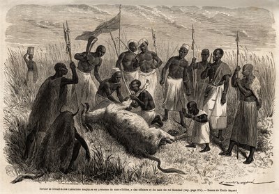 Noita tekee taianomaisia operaatioita teurastetulla naudanlihalla Ugandassa. Emile Bayardin (1837-1891) piirros kuvaa kapteeni Speken löytömatkaa Afrikassa vuosina 1860-1863. Kaiverrus "" Le tour du monde", toimittanut Edouard Charton tekijältä Emile Antoine Bayard