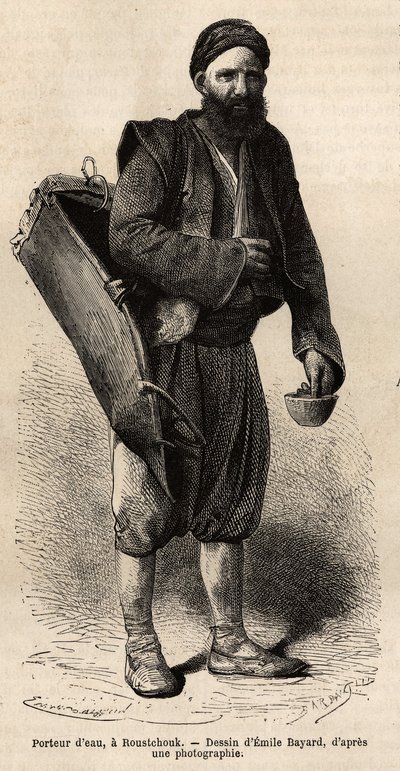 Vedenkuljettaja, liikkuva kauppias poseeraa varusteineen, eräänlaisena tankkilaatikon ja säiliön kanssa, jota käytetään mittana ja kupina, Roustchoukissa (Romania), kaiverrus Emile Bayardin piirustuksen mukaan, joka havainnollistaa matkaa Bulgariaan, kirjo tekijältä Emile Antoine Bayard