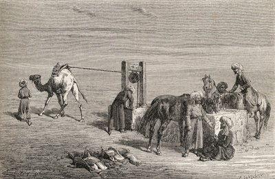 Kaivo autiomaassa Samarkandin ja Karshin välillä Uzbekistanissa, kuvitus teoksesta "Maailma käsissä", kaiverrus Charles Laplante (k.1903), julkaistu 1878 tekijältä Emile Antoine Bayard