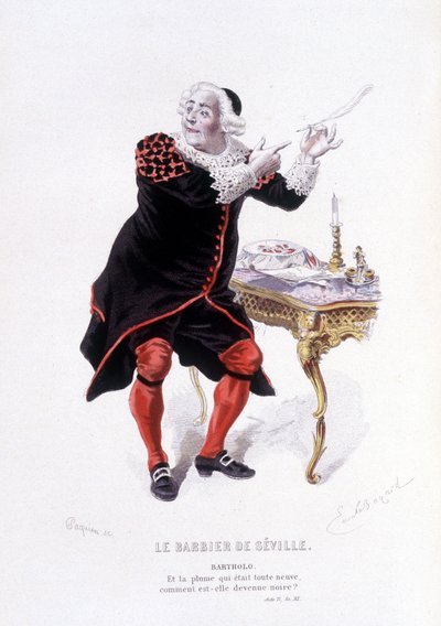 Bartholo Sevillan parturissa Ovre complet de Beaumarchaisissa (1732-1799), Edouard Fournier, toim. Laplace, Sanchez et Cie, Pariisi 1876 (kaiverrus) Here Bartholo teoksessa The Sevillan parturi tekijältä Emile Antoine Bayard