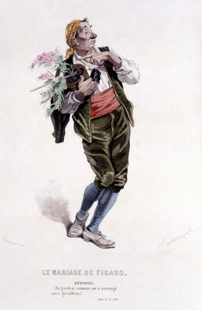 Edouard Fournierin Beaumarchaisin (1732-1799) täydellinen teos. piirustus Emile Bayard. Ed. Laplace, Sanchez et Cie, Pariisi 1876. Tämä on Antonio elokuvassa "Figaron häät" tekijältä Emile Antoine Bayard