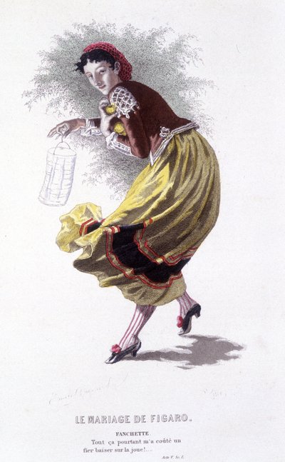Edouard Fournierin Beaumarchaisin (1732-1799) täydellinen teos. piirustus Emile Bayard. Ed. Laplace, Sanchez et Cie, Pariisi 1876. Tämä on Fanchette elokuvassa "Figaron häät" tekijältä Emile Antoine Bayard