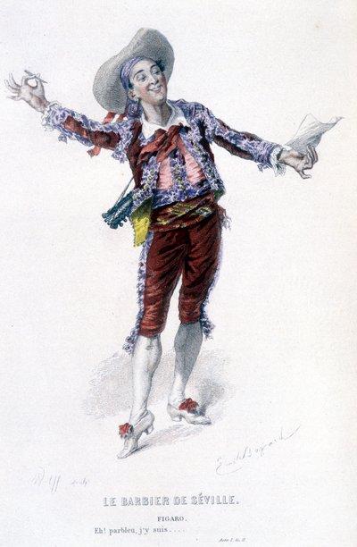 Edouard Fournierin Beaumarchaisin (1732-1799) täydellinen teos. piirustus Emile Bayard. Ed. Laplace, Sanchez et Cie, Pariisi 1876. Tämä on Figaro elokuvassa "Sevillan parturi" tekijältä Emile Antoine Bayard