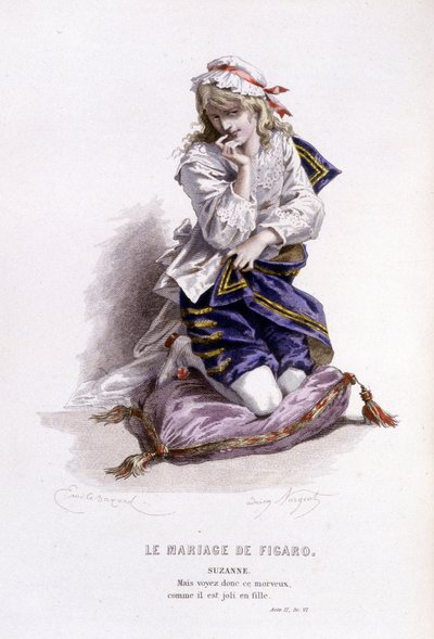 Edouard Fournierin Beaumarchaisin (1732-1799) täydellinen teos. piirustus Emile Bayard. Ed. Laplace, Sanchez et Cie, Pariisi 1876. Tämä on Suzanne elokuvassa "Figaron häät" tekijältä Emile Antoine Bayard
