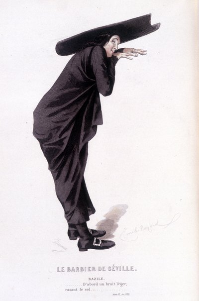 Edouard Fournierin Beaumarchaisin (1732-1799) täydellinen teos. piirustus Emile Bayard. Ed. Laplace, Sanchez et Cie, Pariisi 1876. Tämä on Bazile elokuvassa "Sevillan parturi" tekijältä Emile Antoine Bayard