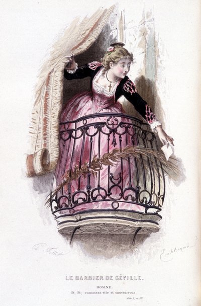 Edouard Fournierin Beaumarchaisin (1732-1799) täydellinen teos. piirustus Emile Bayard. Ed. Laplace, Sanchez et Cie, Pariisi 1876. Tämä on Rosine elokuvassa "Sevillan parturi" tekijältä Emile Antoine Bayard