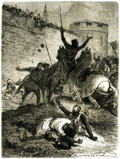 Ristiretki Albigeoisia vastaan - Toulousen piiritys, 25. kesäkuuta 1218. Simon de Montfortin veli on juuri haavoittunut nuolesta, Simon de Montfort itse aikoo tappaa katapulttipallon, sanotaan, että yksi naisista Toulousesta kuka on tekijältä Emile Antoine Bayard