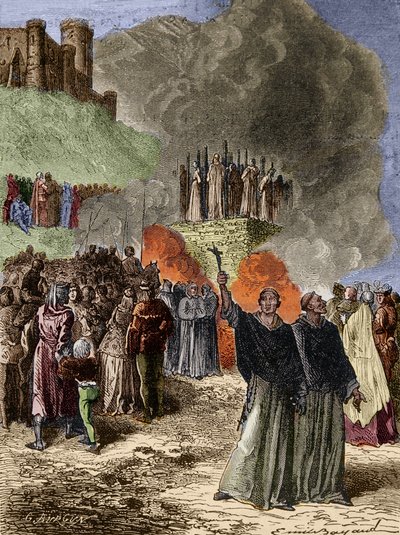Ristiretki Albigeoisia vastaan - Montsegurin (Catharen) viimeiset puolustajat poltettiin teurastajalle vuonna 1244 - Emile Bayardin kaiverrus G. Burgunin mukaan tekijältä Emile Antoine Bayard