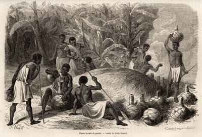 Pomben (käymisen avulla valmistettu alkoholijuoma) degustaatio Karaguessa (Victoria-järven länsipuolella, nykyisessä Zimbabwessa), Emile Bayardin (1837-1891) piirros, joka kuvaa kapteeni Speken löytömatkaa Afrikassa vuosina 1860-1863. Kaiverrus sisään tekijältä Emile Antoine Bayard