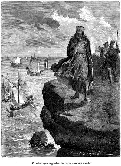 Keisari Kaarle katselemassa normannilaisten laivojen saapumista Ranskan rannikolle - Viikinkilaivoja ja sotureita - Drakkar, Skandinavian merenkulku, Pohjoismaiden hyökkäys - Emile Bayardin kaiverrus "Henri Martinin suositun Ranskan historiaa tekijältä Emile Antoine Bayard