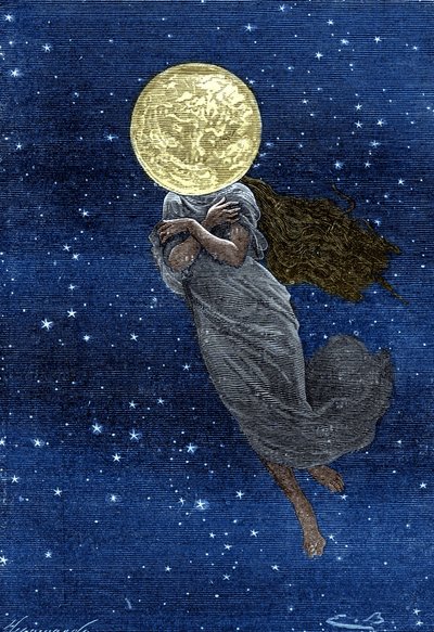 Kaiverrus (Emile Bayard) Jules Vernen kirjasta "" Around the Moon"" (Hetzel-painos/Voyages extraordinaire 1870): Kuvaus kuusta, joka on piirretty nuoren naisen ruumiilla (teksti J. Verne): ""... täytetty pinta, säröillä, todellinen skimmeri, u:n arvoinen tekijältä Emile Antoine Bayard