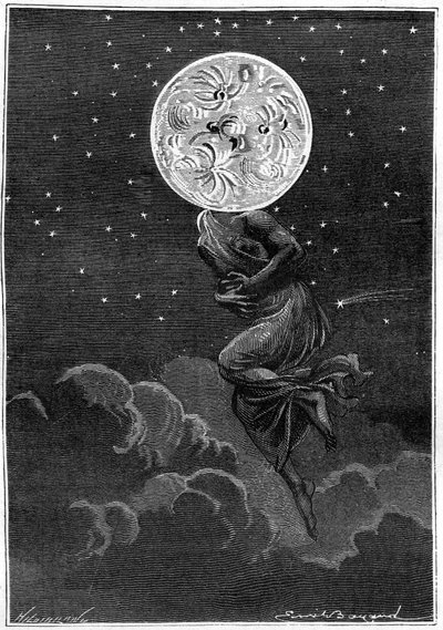 Kaiverrus (Emile Bayard) Jules Vernen kirjasta Around the Moon (Hetzel-painos/Voyages extraordinaire 1870): "" kuu personoitui nuoren naisen ruumiilla... kärsii koliikkista! "" tekijältä Emile Antoine Bayard