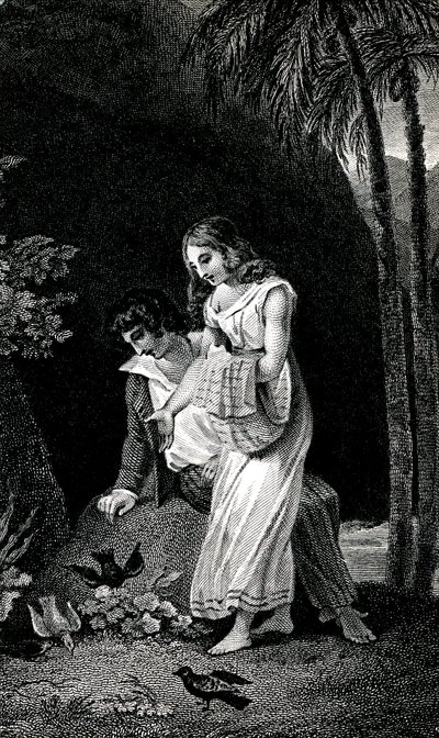 Kaiverrus, joka kuvaa Jacques-Henri Bernardin de Saint-Pierren (Jacques Henri Bernardin de Saint-Pierre) romaanin 1800-luvun lopun painosta: Paul et Virginie. Linnut tulevat pelkäämättä maihin nuoren rakastajaparin lähelle metsässä. Piirustus b tekijältä Emile Antoine Bayard