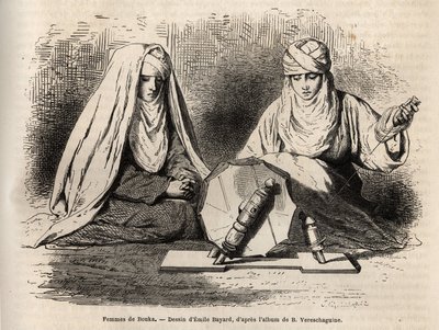 Femmes de Boukhara (Uzbekistan), työstää työtään kehrätäkseen, kaiverrus Emile Bayardin piirustuksen mukaan havainnollistaakseen Basile Vereschaguinen matkaa Keski-Aasiaan vuosina 1867-1868, julkaistiin "" Le tour du monde"" 1873, toimittanut Edouard Chart tekijältä Emile Antoine Bayard