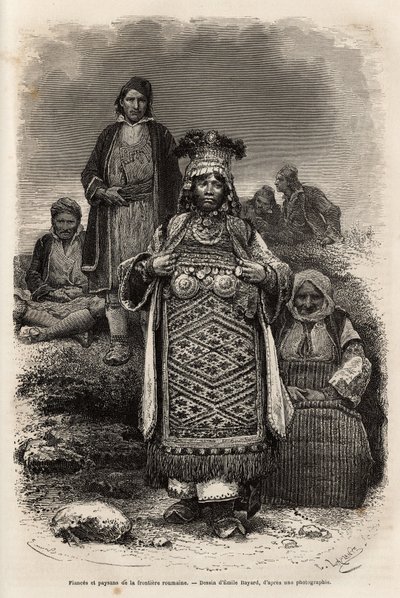 Romanian rajojen sulhaset ja talonpojat, kaiverrus Emile Bayardin piirustuksen mukaan, havainnollistaa matkaa Bulgariaan, Guillaume Lejean, vuonna 1867, julkaistu "" Le tour du monde"" 1873, toimittanut Edouard Charton, Hachette painos, Paris . Se tekijältä Emile Antoine Bayard