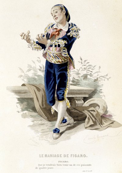 Figaro teoksessa "" The Marriage of Figaro"" - teoksessa "" Complete Works of Beaumarchais"", piirustukset Emile Bayard, toim. Laplace Sanchez & cie, Pariisi tekijältä Emile Antoine Bayard