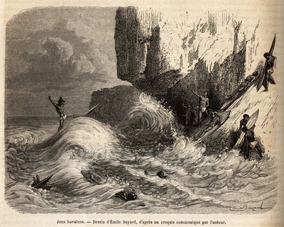 Hawaiian Games, Mokapuun jyrkänteellä, Oahun saarella, asukkaat hajautuivat harrastamaan suosikkipeliään: surffaamaan, kaivertamaan Emile Bayardin piirustuksen mukaan, havainnollistamaan matkaa Sandwichsaarille vuosina 1855-1869, v. tekijältä Emile Antoine Bayard
