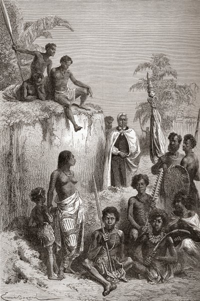 Havaijin kuningas Kamehameha I ja hänen soturinsa, kuvitus teoksesta "The World in the Hands", julkaistu 1878 (kaiverrus) tekijältä Emile Antoine Bayard