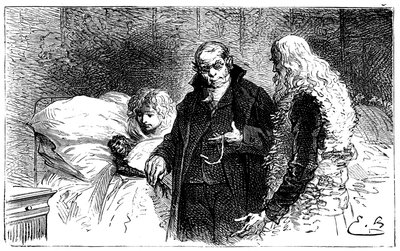 Emile Bayardin kuvitus Hector Malotin romaanille "" Sans Famille ": Joli-Coeur (kaunis sydän), sairaan tiedeapinan tutkitaan lääkärin toimesta (lääkärin auskultti, joka ottaa häneltä kanan) Remin ja Monsieur Vitalis - Hetze tekijältä Emile Antoine Bayard