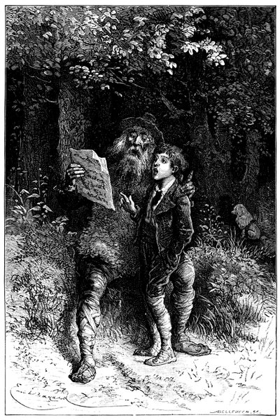 Emile Bayardin kuvitus Hector Malotin romaanille "" Sans Famille "": Remi laulaa monsieur Vitalisin kanssa, matkustava taiteilija - katumuusikko, saltimbank - Edition Hetzel 1880 - tekijältä Emile Antoine Bayard