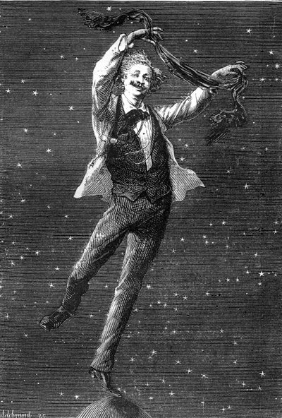 Kuvitus Jules Vernen romaanista "Around the Moon", piirustus Emile Bayard, Hetzel-painos / Voyages extraordinaire 1870. Tämä kuva korostaa Jules Vernen kahden romaanin "Kuu" ja T:n kahden albumin välistä inspiraation suhdetta. tekijältä Emile Antoine Bayard