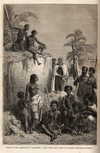Kamehameha I (n. 1758-1819), Havaijin saarten kuningas ja yksikön perustaja, piiritti havaijilaisia sotureita ja joitain aiheita Honolulussa kaiverruksella Emile Bayardin piirustuksen mukaan, joka havainnollistaa matkaa Sandwichsaarille vuosina 1855-69 , k tekijältä Emile Antoine Bayard
