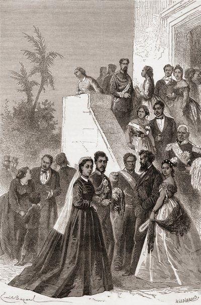 Kamehameha V, keskellä, perheensä kanssa, kuvitus teoksesta "Maailma käsissä", kaivertanut Henri Theophile Hildibrand (1824-97), julkaistu 1878 tekijältä Emile Antoine Bayard