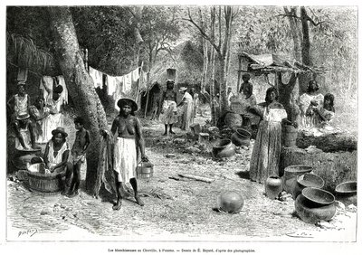 Les blanchisseuses au Chorillo, Panama, kaiverrus E. Bayardin piirustuksen jälkeen havainnollistaakseen tour du mondessa julkaistua tarinaa Exploration at Panama and Darien, laivan luutnantti A. Reclus, vuosina 1876-1878, ohjauksen alla tekijältä Emile Antoine Bayard