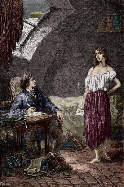 Marius ja Eponine, Thenardierien vanhempi tytär ja rakastunut Mariukseen Kuvitus Victor Hugon (1802-1885) romaanista "Les Miserables" Kuvitus Emile Bayard - (Eponine Thenardier (Jondrette tyttö) ja Marius) Kaiverrus Yksityinen kokoelma tekijältä Emile Antoine Bayard