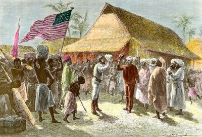 Walesilaisen räjäyttäjän ja toimittajan Henry Mortonin (1841-1904) ja skotlantilaisen Afrikan mantereen tutkimusmatkailijan David Livingstonen (1813-1873) tapaaminen Ujijissa Tanganyika-järven rannalla 10. marraskuuta. tekijältä Emile Antoine Bayard